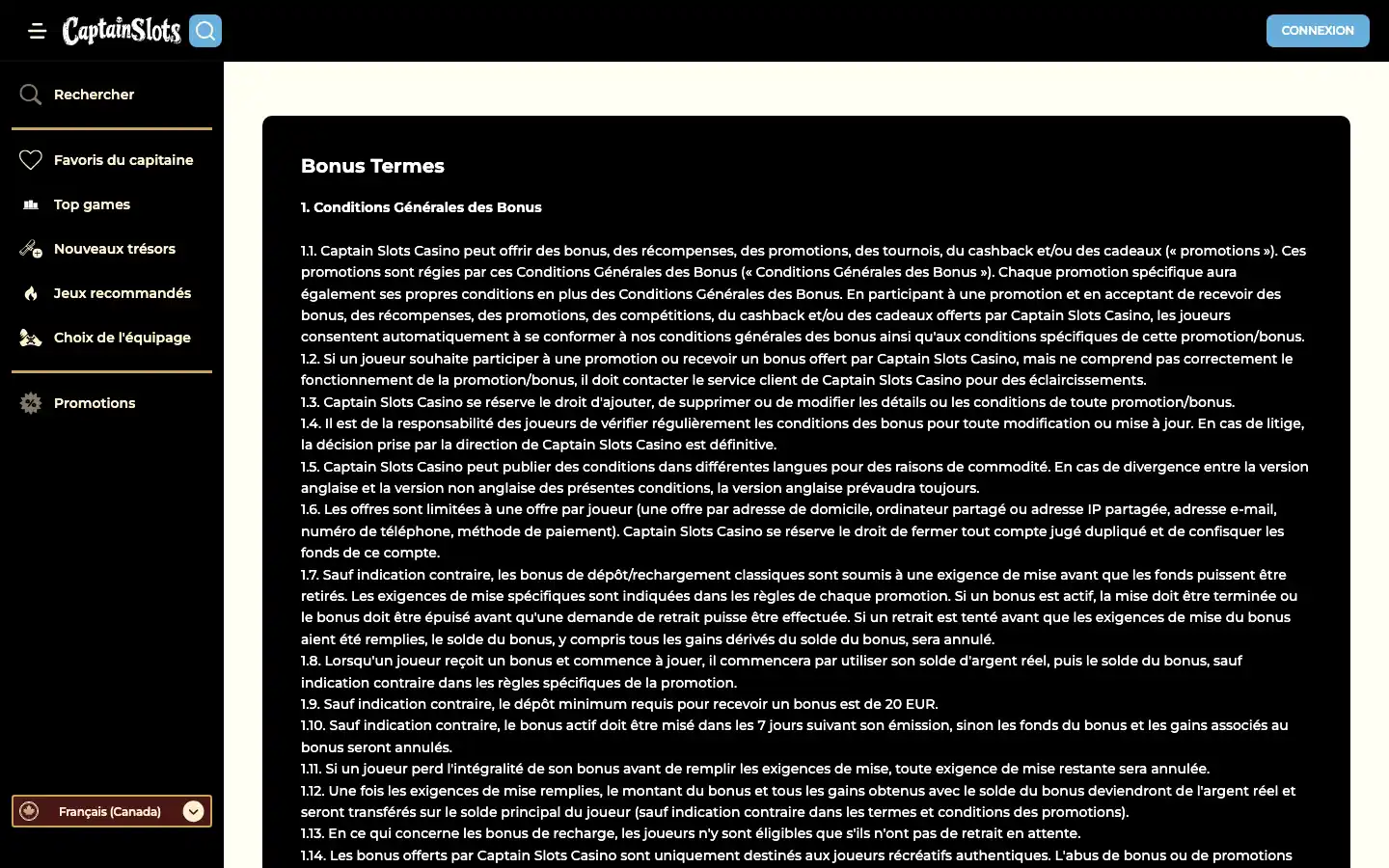 Les conditions générales des bonus, en français