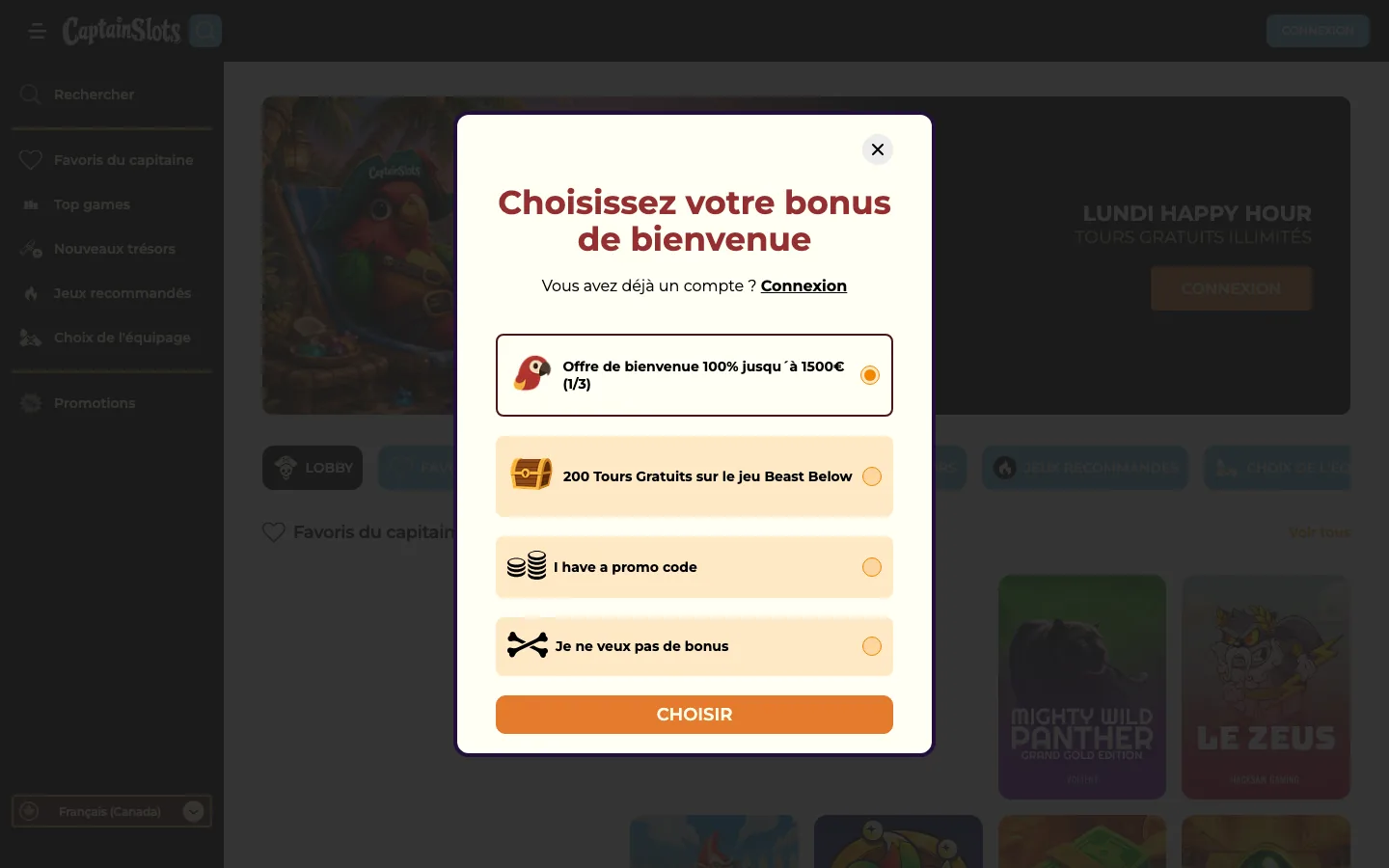 Le choix du bonus de bienvenue à l'inscription