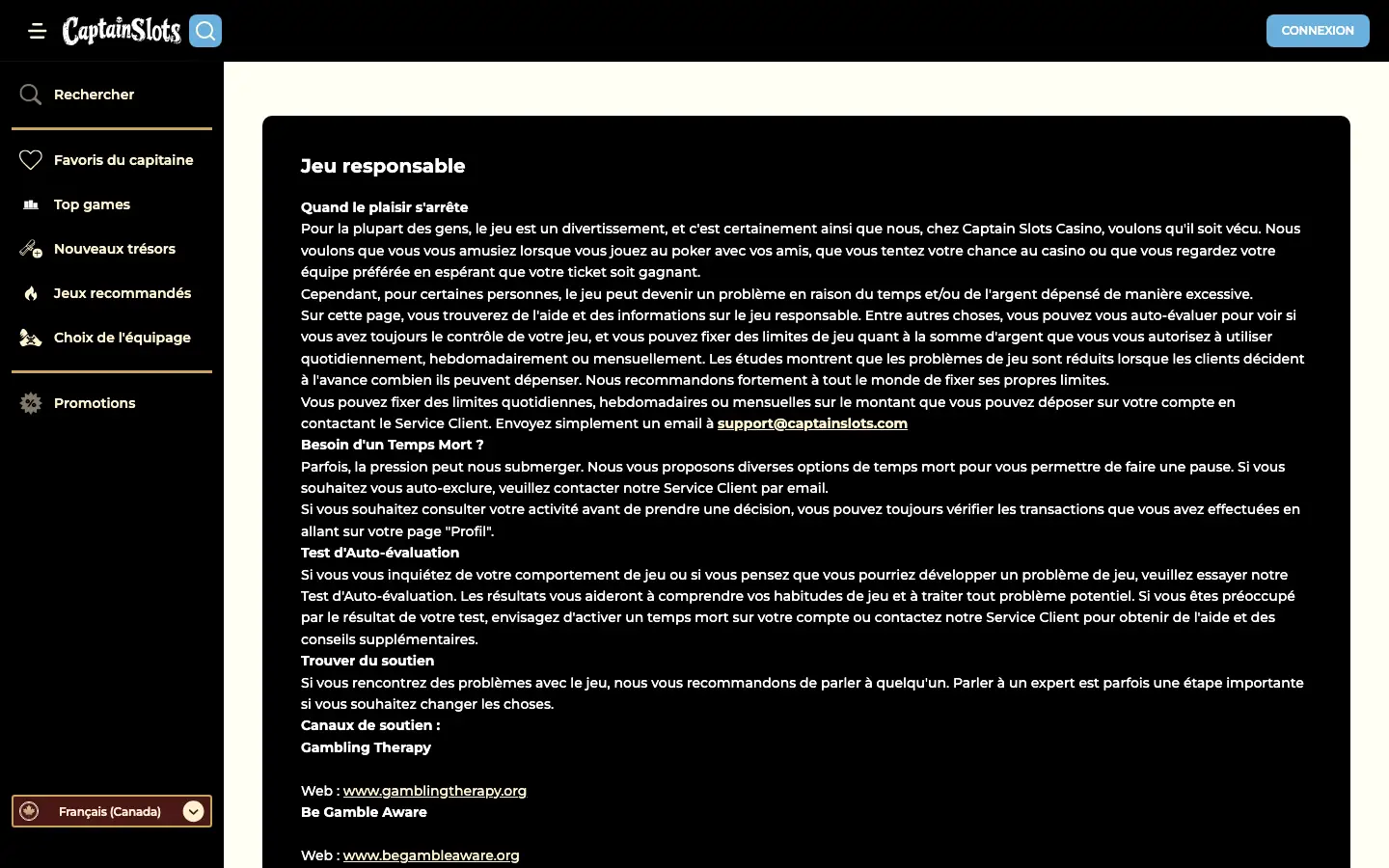 La page jeu responsable et ses outils d'auto-évaluation