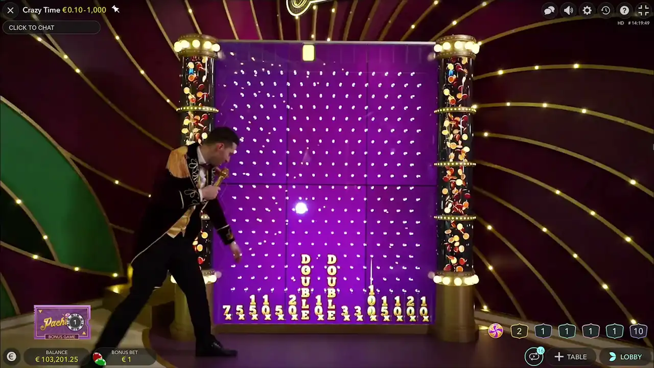 Le mur de Pachinko de Crazy Time, avec le palet en descente et les multiplicateurs affiches en bas