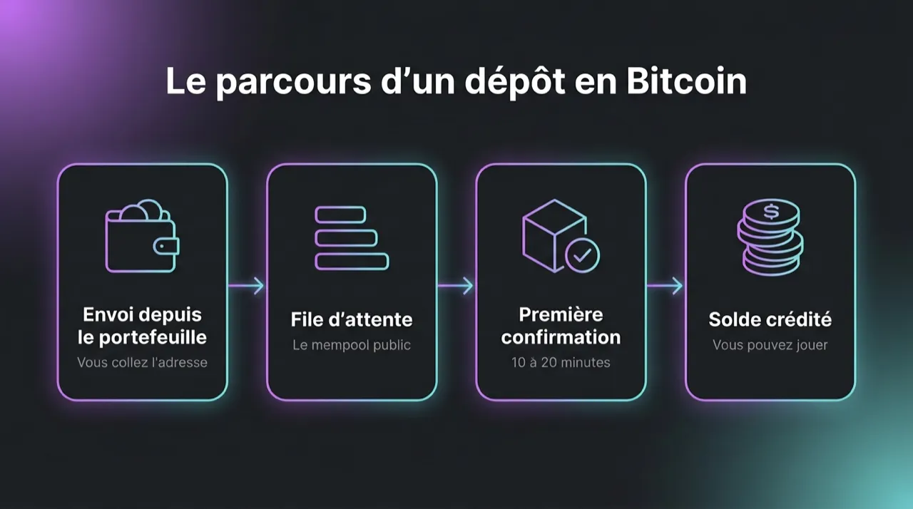 Le parcours d'un dépôt en Bitcoin sur un casino : envoi depuis le portefeuille, file d'attente du mempool, première confirmation en 10 à 20 minutes, puis solde crédité