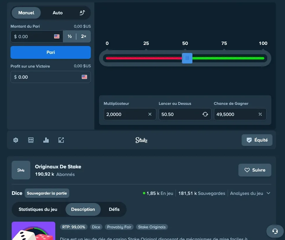 Interface du jeu Dice : curseur de 0 à 100, multiplicateur x2, lancer au-dessus de 50,50, chance de gagner 49,5 % et taux de retour de 99 %