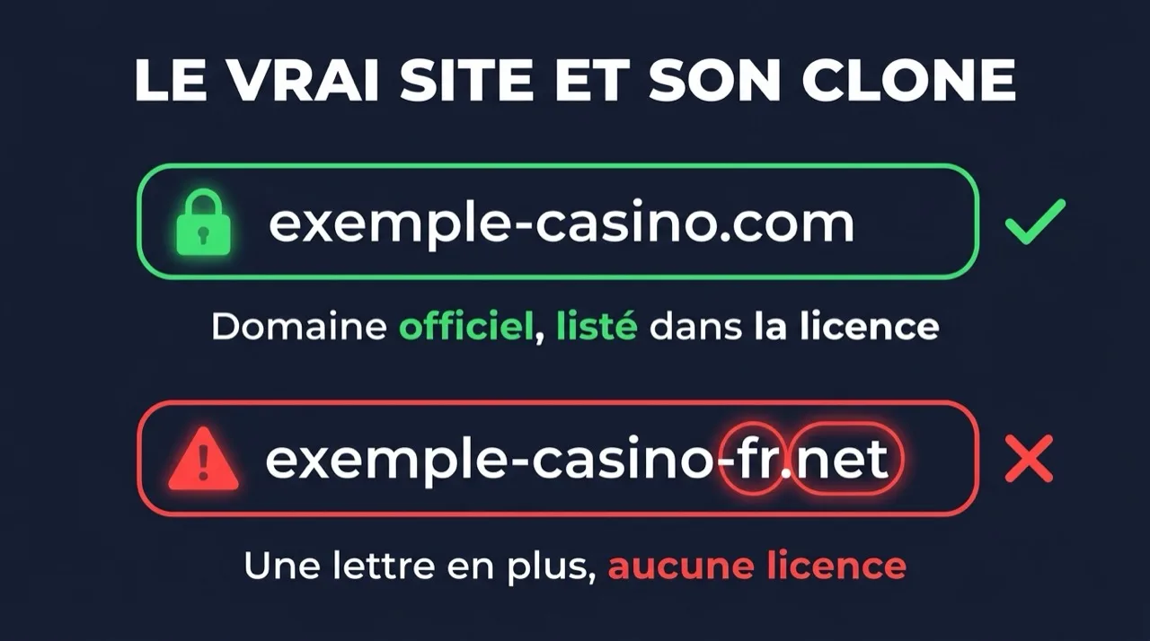 Comparaison entre le domaine officiel d'un casino et son clone frauduleux