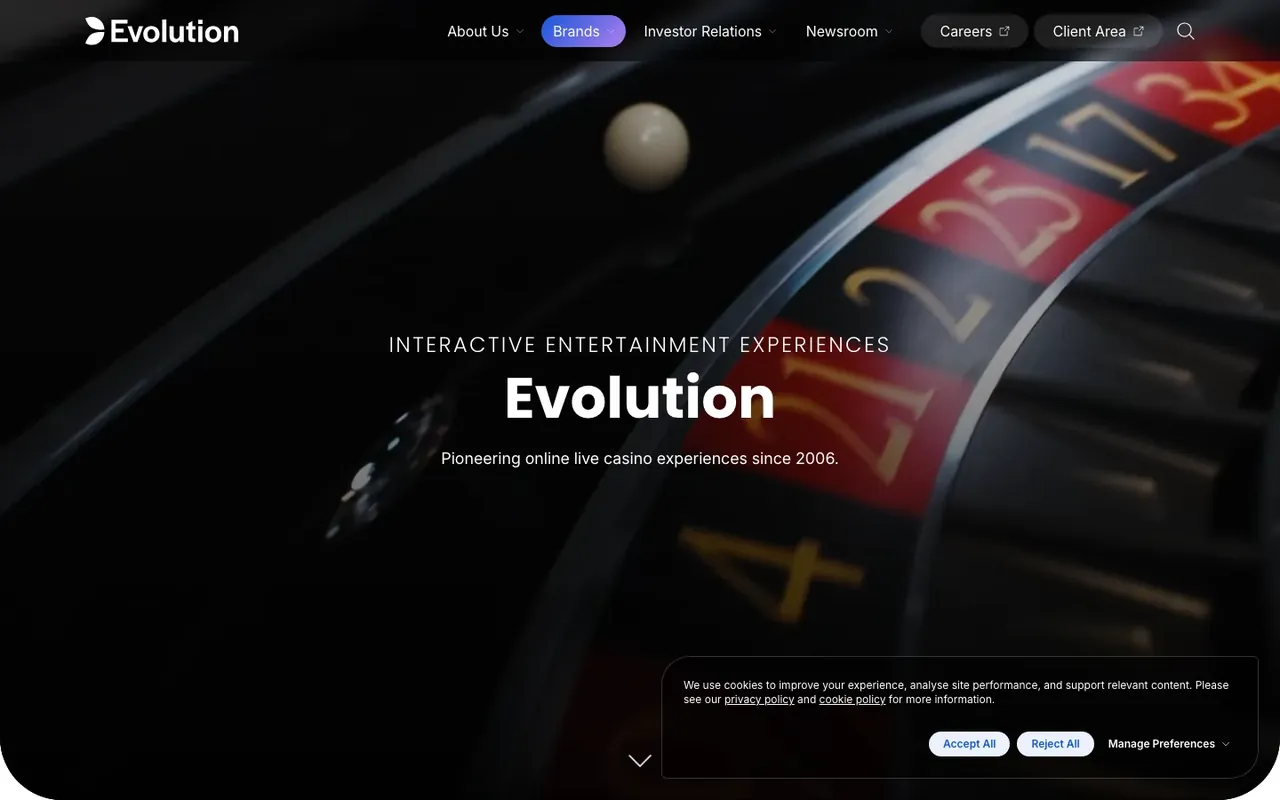 Page officielle de la marque Evolution, spécialiste du casino en direct