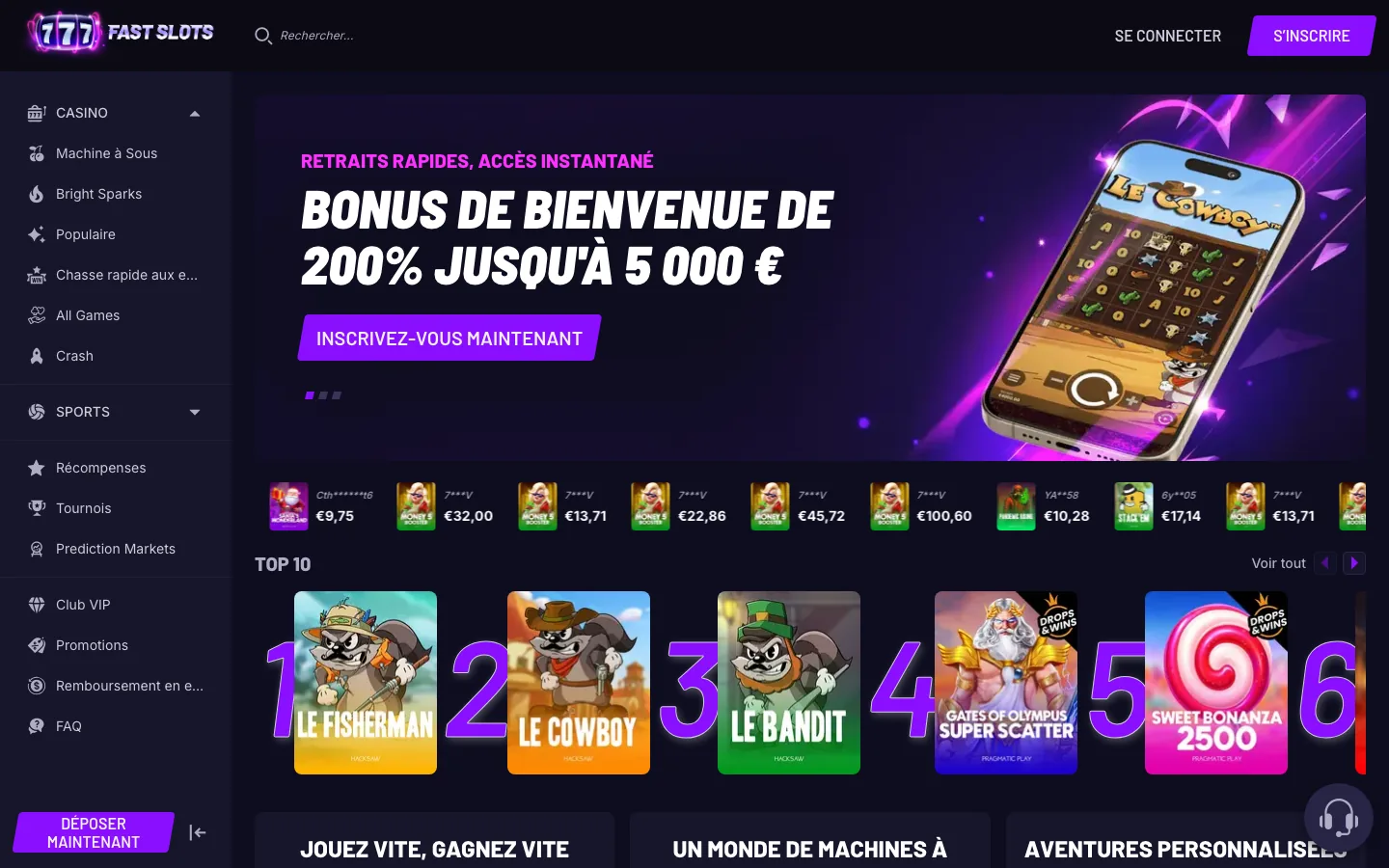 Page d'accueil de Fastslots avec le bonus 200% et le top 10 des jeux