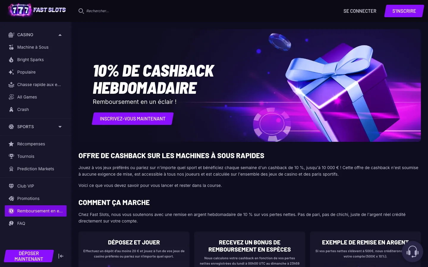 Cashback hebdomadaire de 10% sans wager de Fastslots