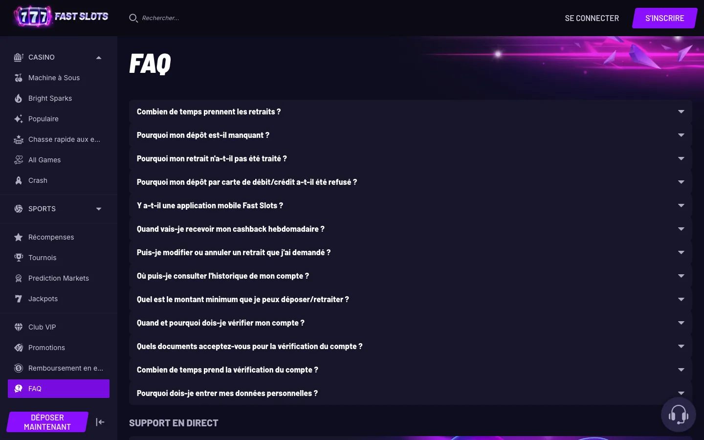 FAQ et support en direct de Fastslots