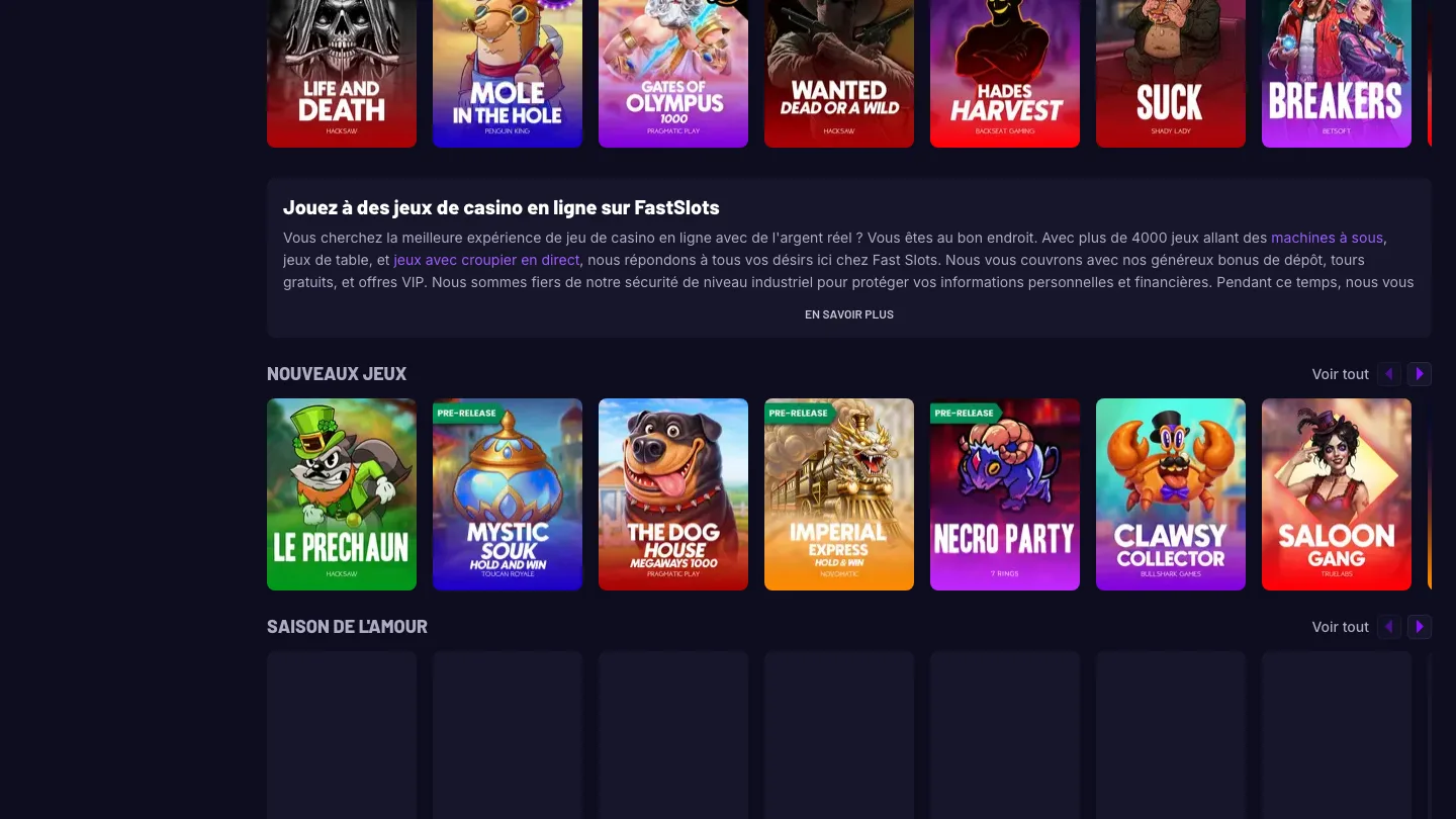 Nouveautés et jeux populaires de Fastslots (Hacksaw, Pragmatic)
