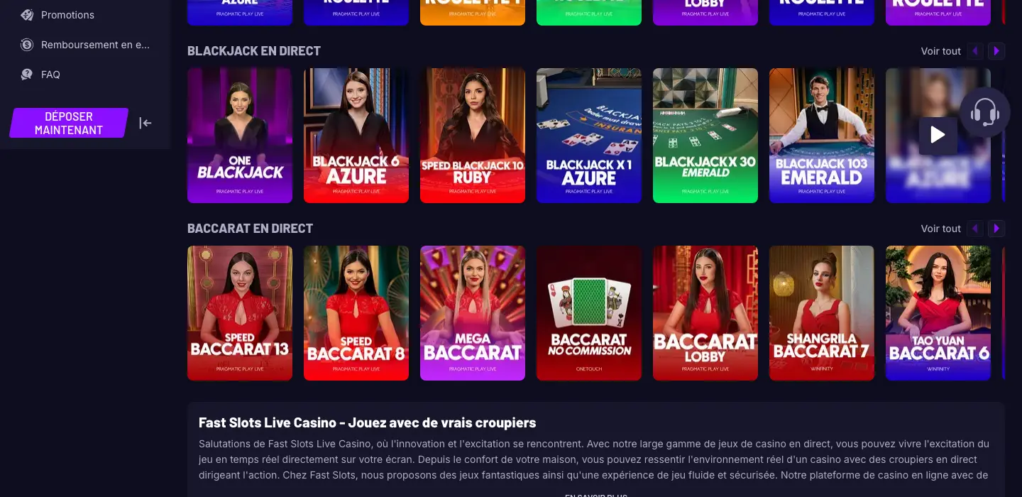 Blackjack et baccarat en direct de Fastslots