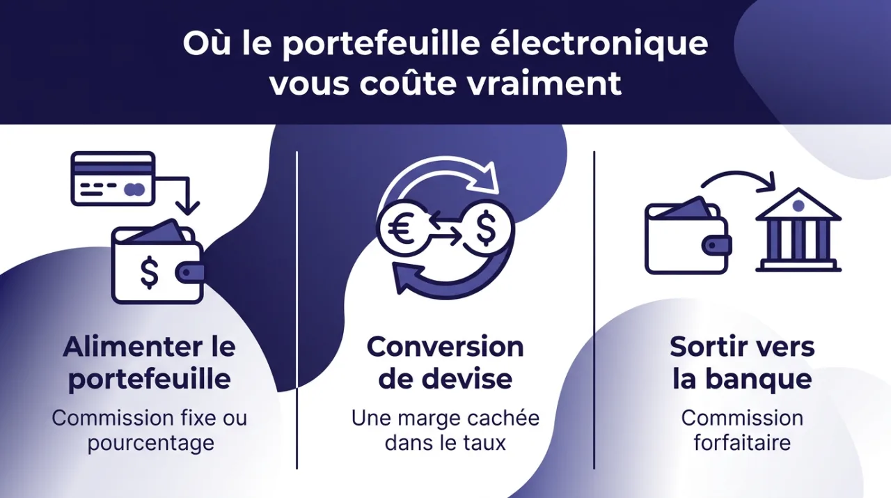 Les trois postes de frais d'un portefeuille electronique au casino : alimentation, conversion de devise et sortie vers la banque