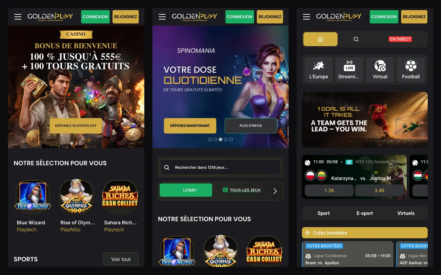 GoldenPlay sur mobile, accueil, lobby casino et paris sportifs