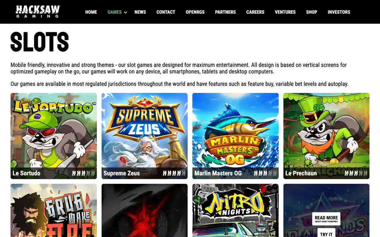 Catalogue officiel des machines à sous Hacksaw Gaming avec l'indicateur de volatilité