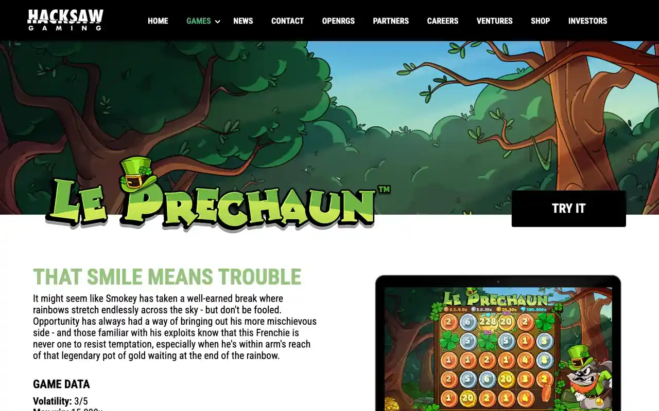Page officielle de la machine à sous Le Prechaun de Hacksaw Gaming