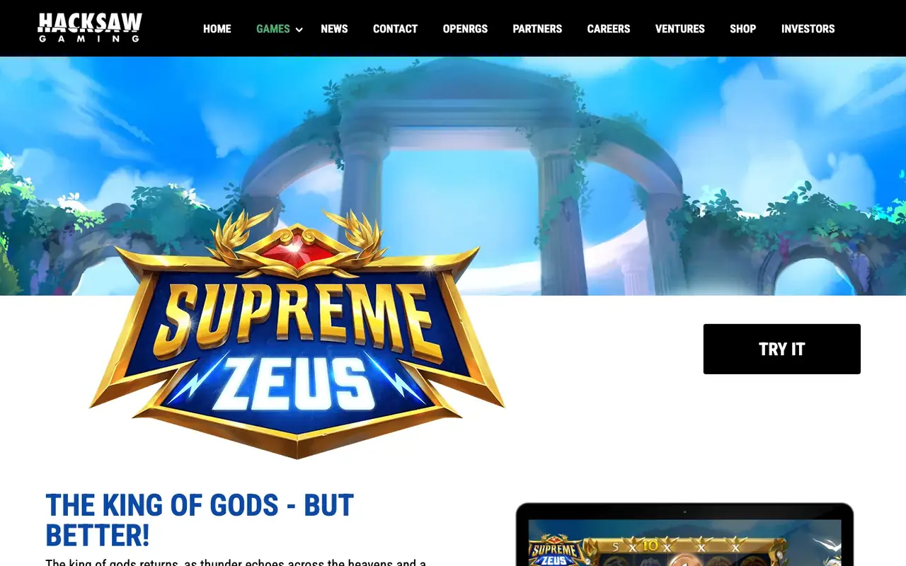 Page officielle de la machine à sous Supreme Zeus de Hacksaw Gaming
