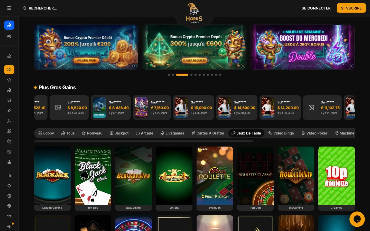Section jeux de table de Horus Casino avec blackjack et roulette
