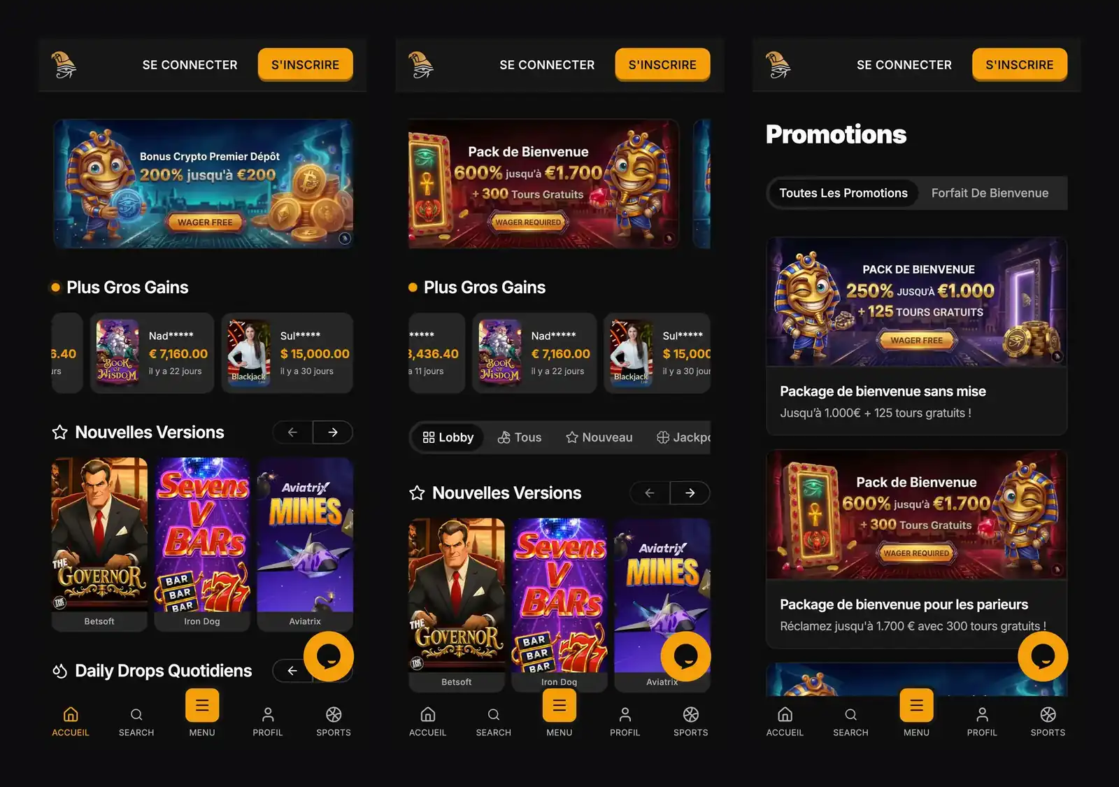 Horus Casino sur mobile : accueil, lobby et promotions