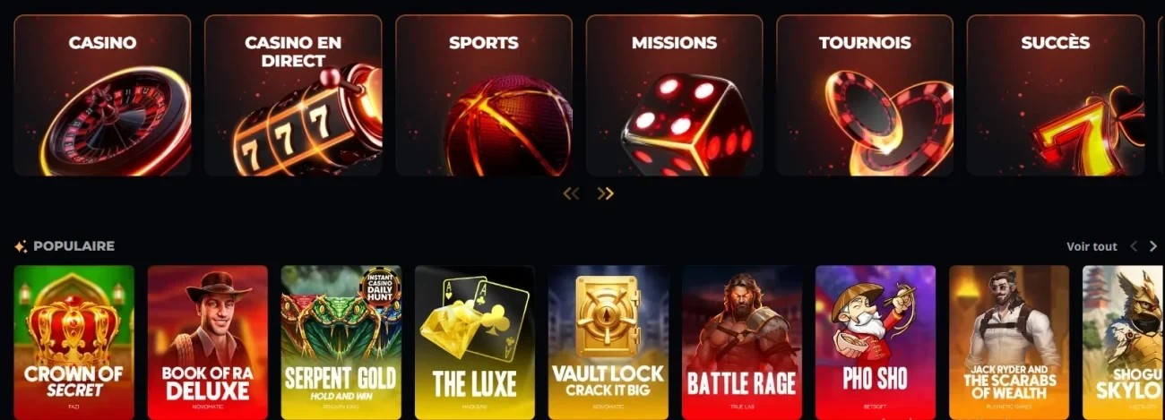 Lobby des machines à sous d'Instant Casino avec les catégories et les jeux populaires