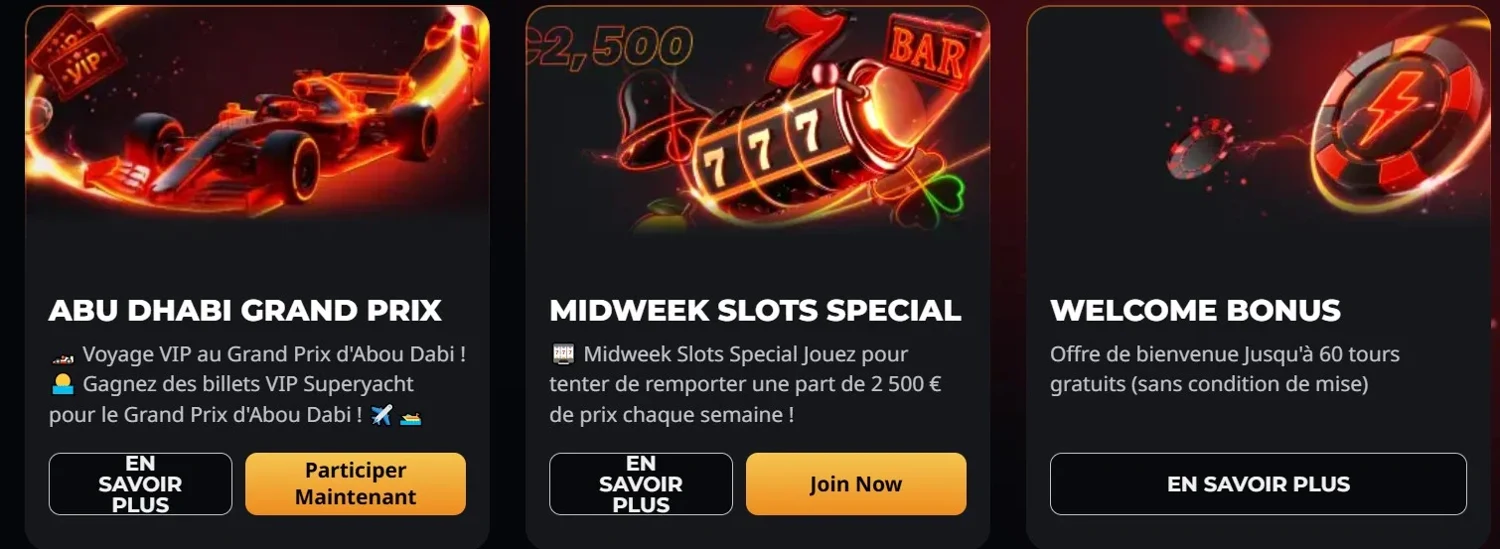 Promotions d'Instant Casino : Grand Prix VIP, Midweek Slots Special et offre de bienvenue