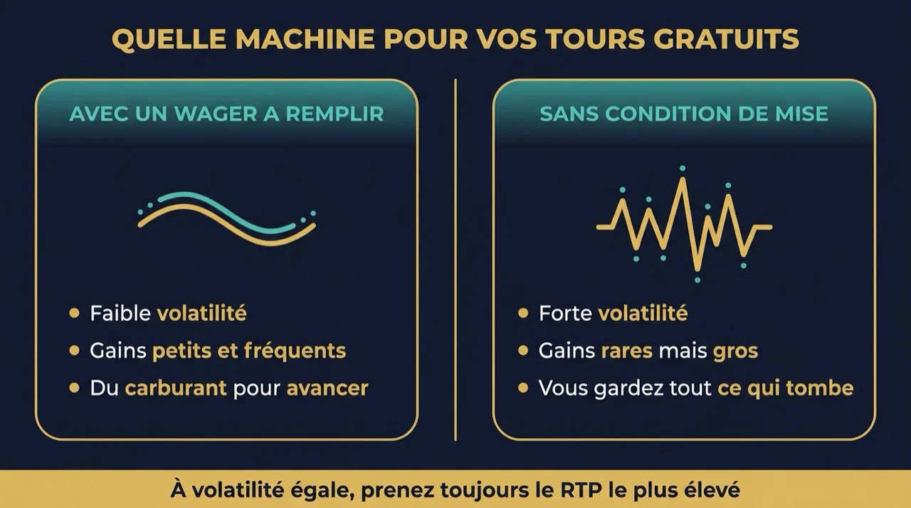 Infographie : quelle machine choisir pour ses tours gratuits selon la volatilité et le wager