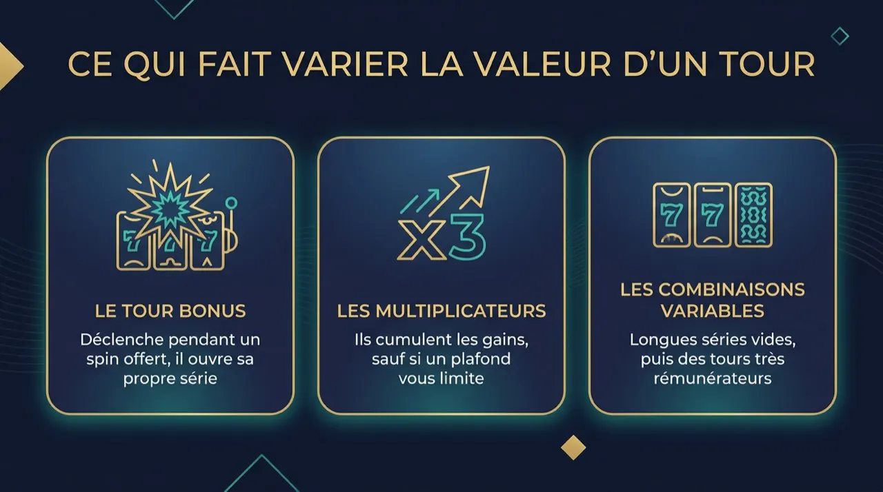 Infographie : les trois mécaniques de jeu qui font varier la valeur d'un tour gratuit