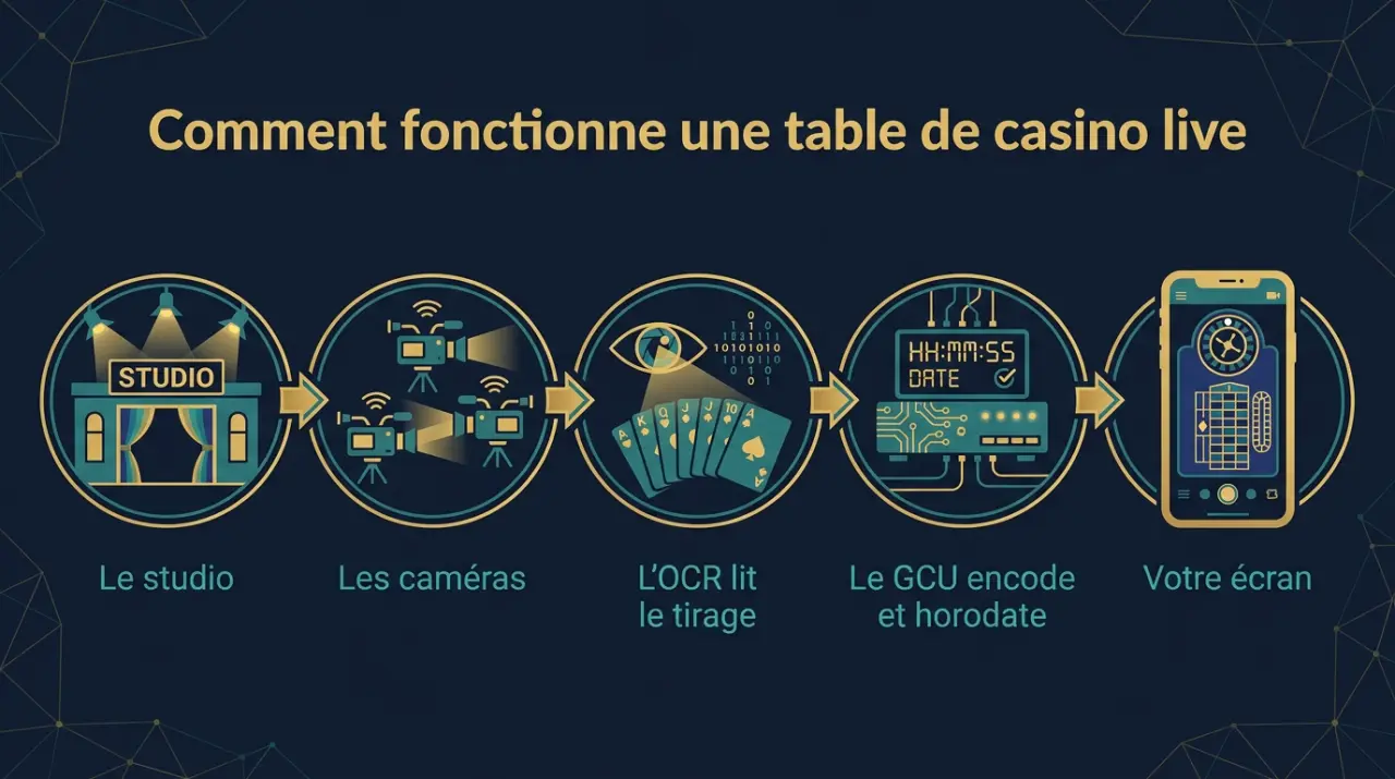 Infographie : le parcours d'un tour de casino live, du studio aux caméras, de l'OCR au GCU jusqu'à votre écran