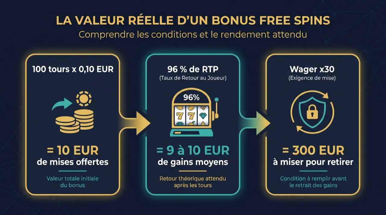 Infographie : la valeur réelle d'un bonus free spins en trois étapes, des mises offertes au montant à miser