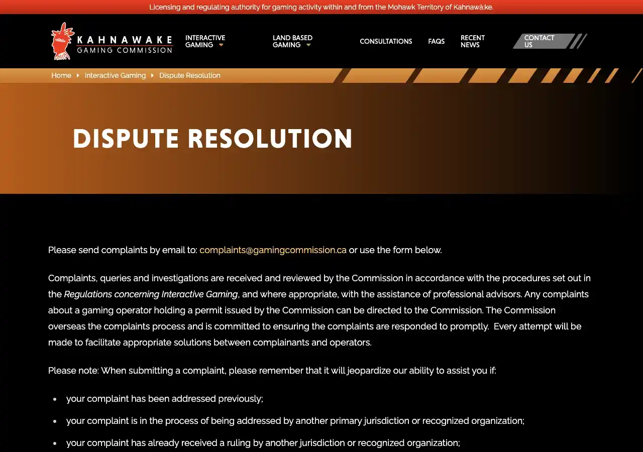 Page « Dispute Resolution » de la Kahnawake Gaming Commission pour déposer une plainte contre un opérateur