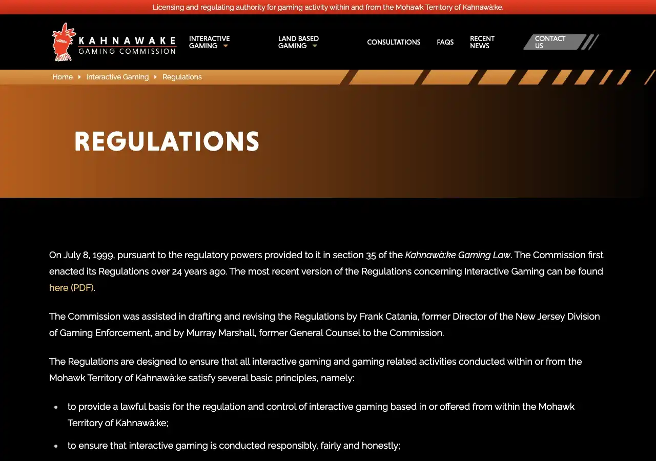 Page « Regulations » de la Kahnawake Gaming Commission présentant les principes du règlement sur le jeu interactif