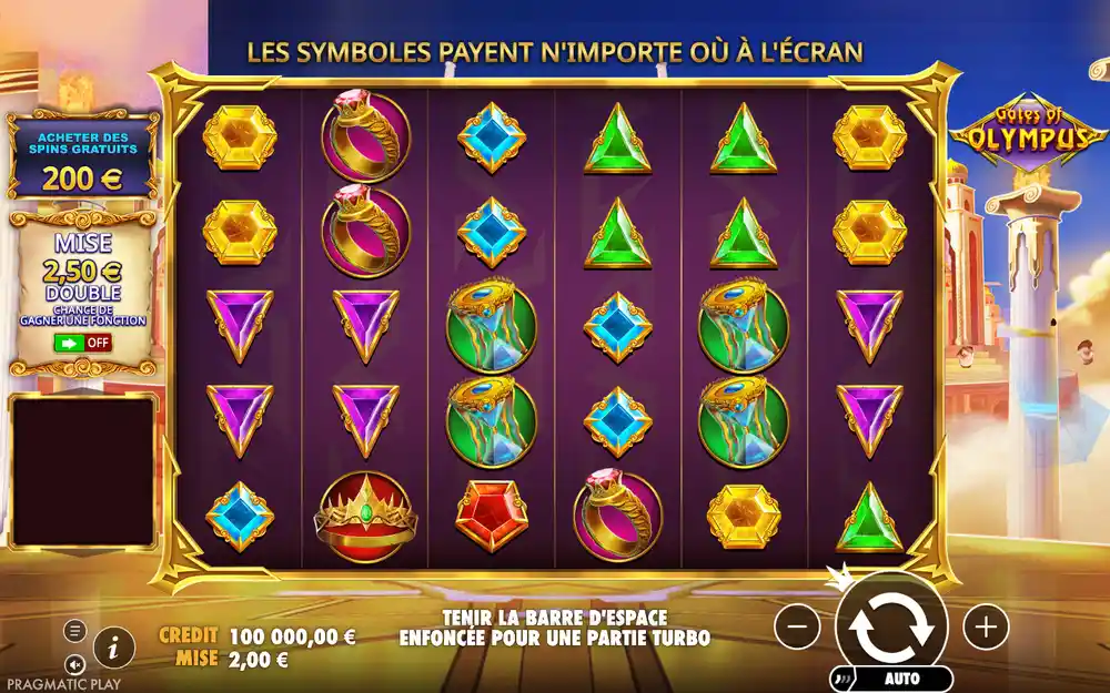 Interface d'une machine à sous en mode démo : crédit, mise, bouton d'achat des spins gratuits, option double chance et lancement automatique