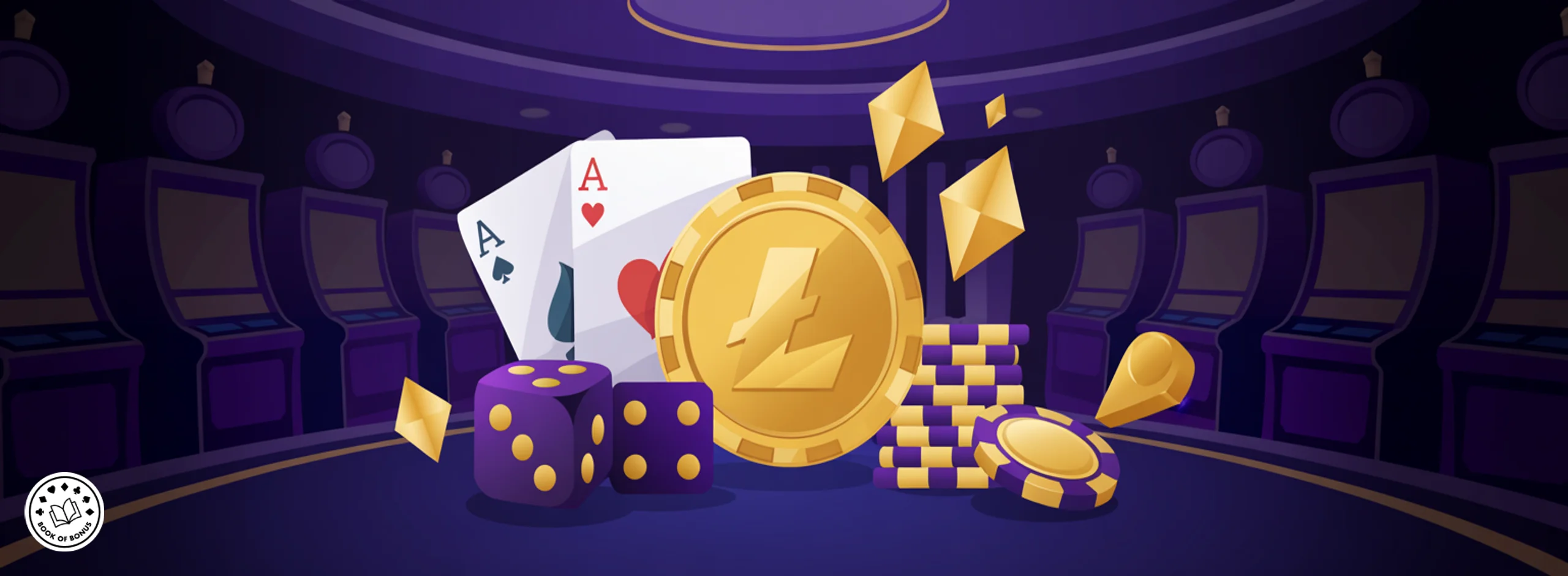 Pièce de Litecoin posée entre des jetons, des dés et deux as dans une salle de machines à sous
