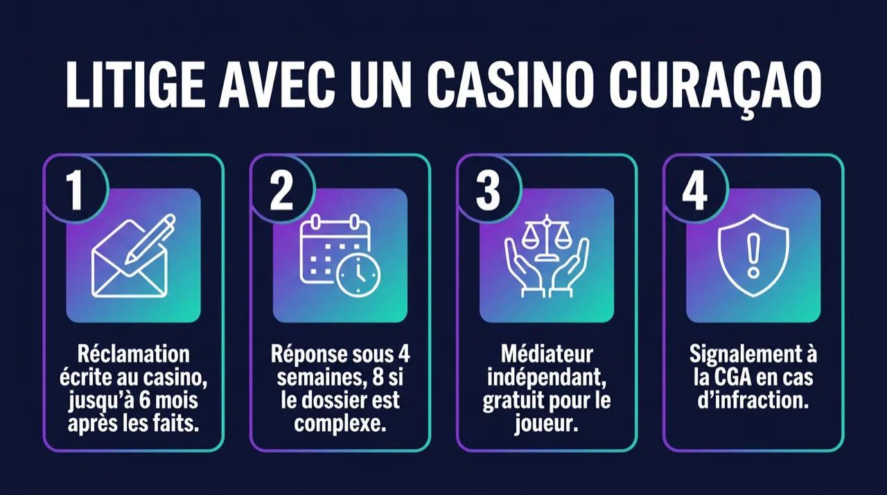 Litige avec un casino Curaçao : réclamation écrite, réponse sous 4 semaines, médiateur indépendant gratuit, signalement à la CGA