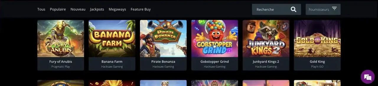 Capture d'un lobby de casino : la barre de filtres et le nom du studio sous chaque machine