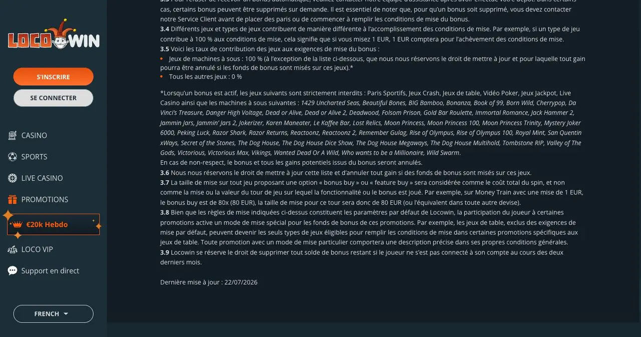 Conditions de mise et liste des jeux exclus sous bonus de Locowin