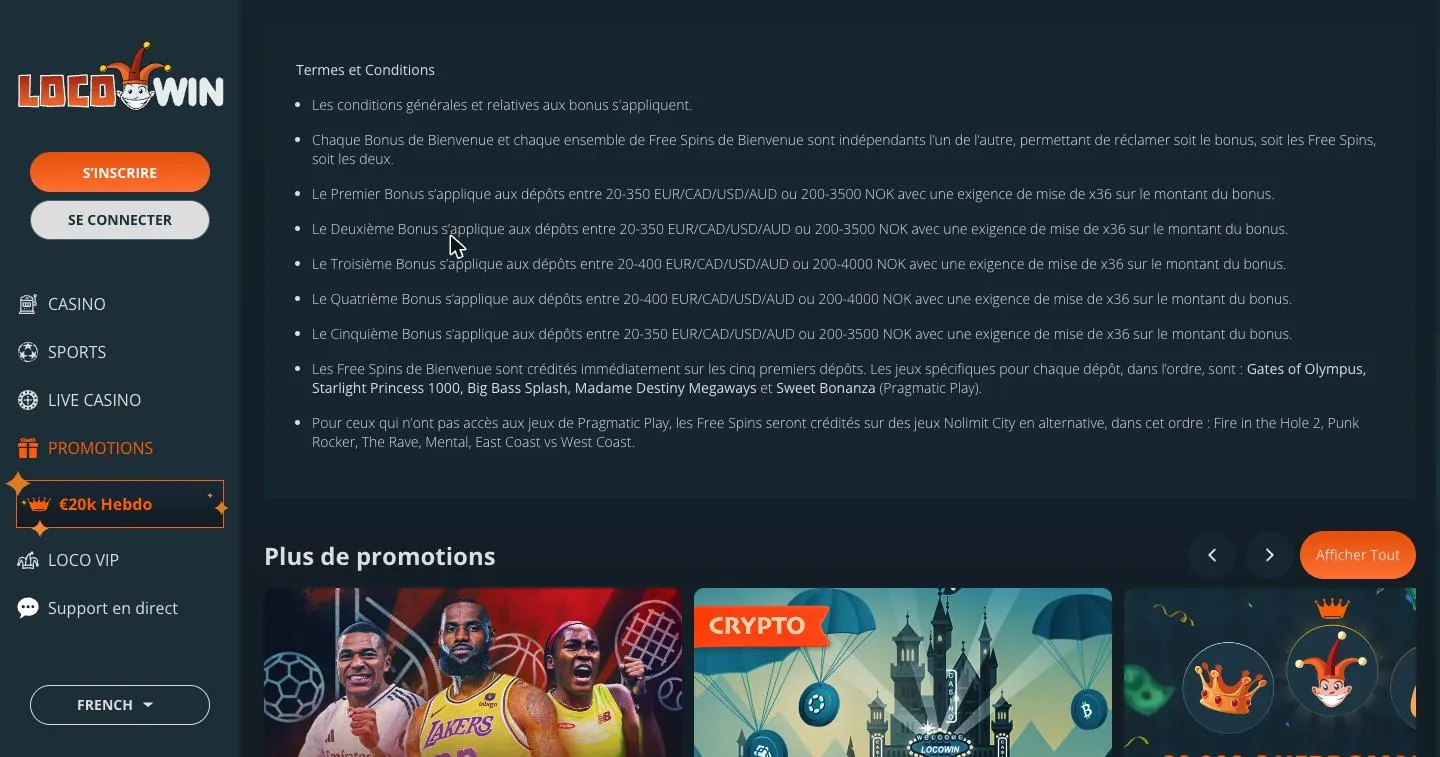Termes et conditions du pack de bienvenue de Locowin avec le wager x36