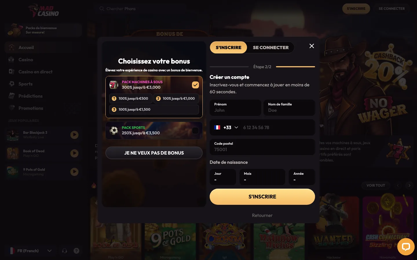 Inscription et choix du bonus