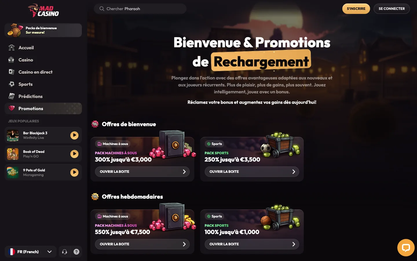 Packs de bienvenue et offres hebdomadaires