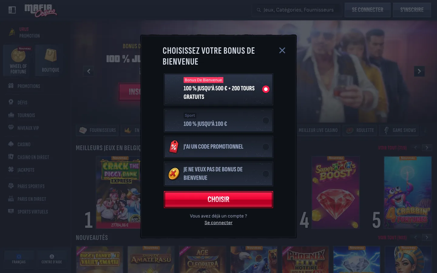 Choix du bonus à l'inscription