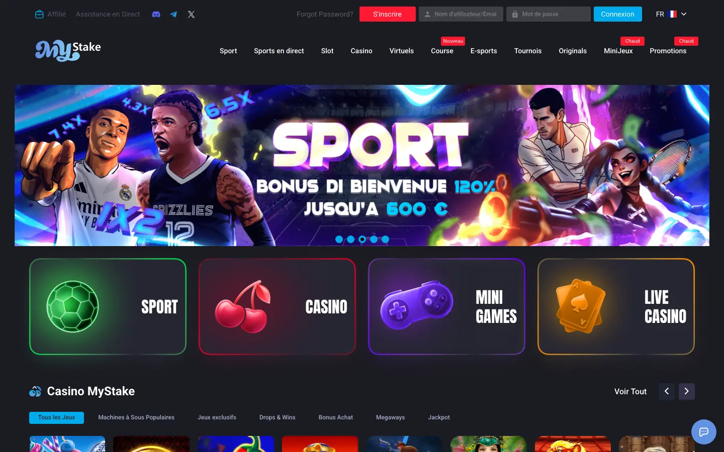 Page d'accueil de MyStake avec le bonus de bienvenue de 300 % jusqu'à 1 500 €