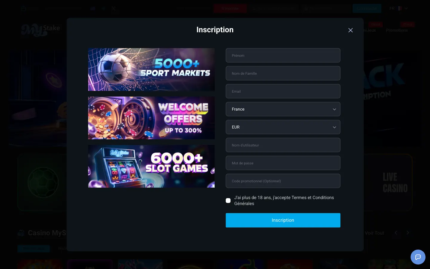 Formulaire d'inscription : email, devise et code promotionnel