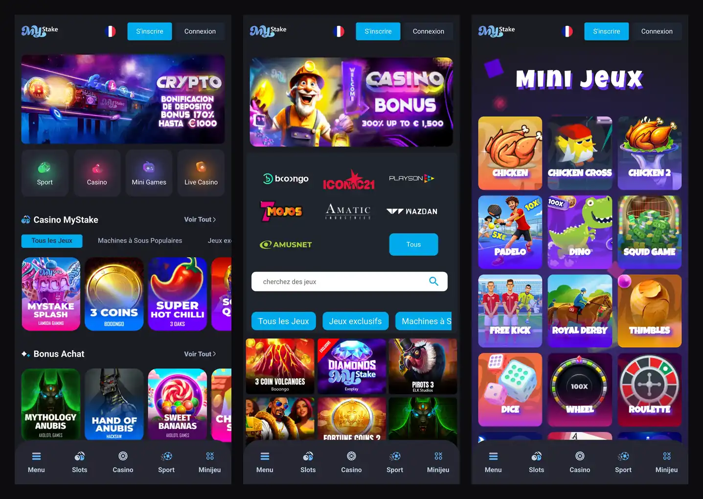 MyStake sur mobile : accueil, machines à sous et mini-jeux