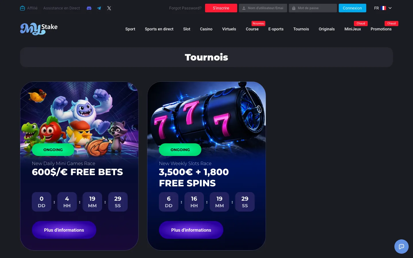 Tournois en cours avec classements et cagnottes