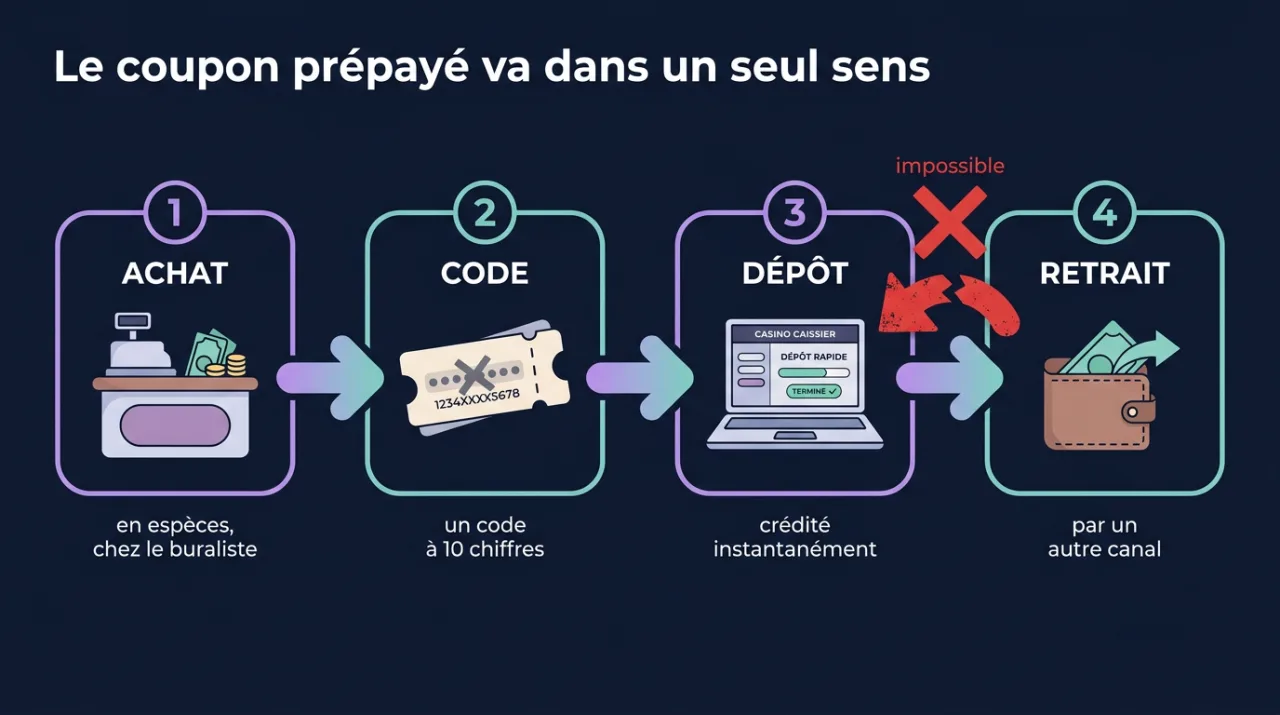 Le parcours d'un coupon Neosurf : achat en espèces, code à 10 chiffres, dépôt instantané au casino, puis retrait obligatoirement par un autre canal