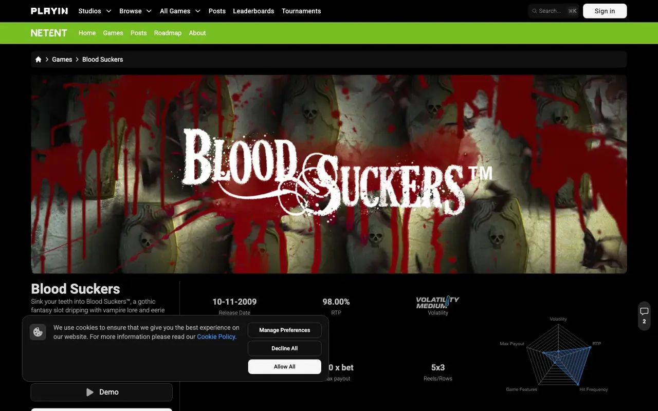 Page officielle de la machine à sous Blood Suckers de NetEnt