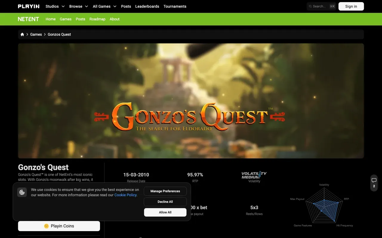 Page officielle de la machine à sous Gonzo's Quest de NetEnt