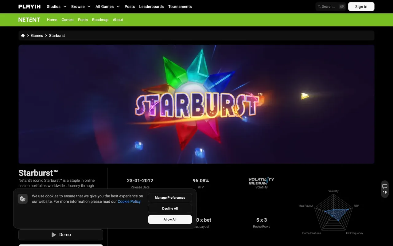 Page officielle de la machine à sous Starburst de NetEnt