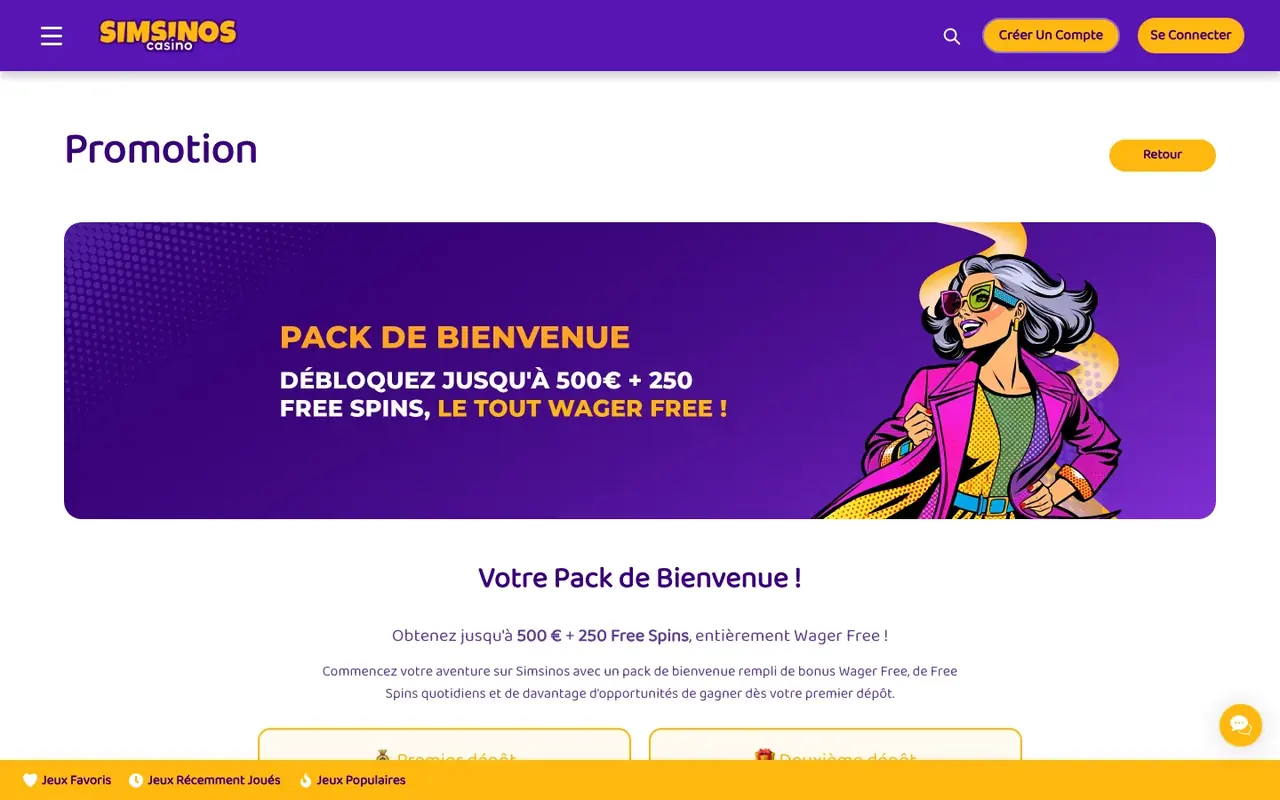 Page de pack de bienvenue annonçant une offre entièrement wager free