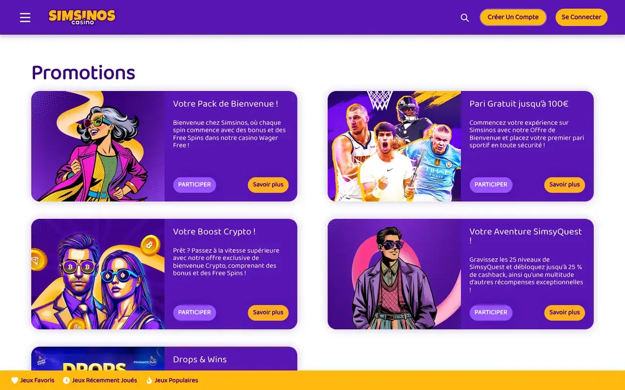 Page promotions d'un casino regroupant pack de bienvenue wager free et cashback