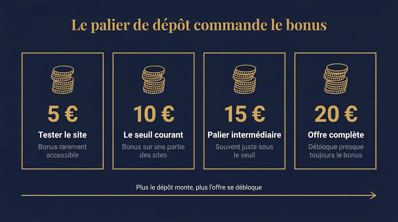 Ce que chaque palier de dépôt de 5, 10, 15 et 20 euros débloque comme bonus sur un casino en ligne