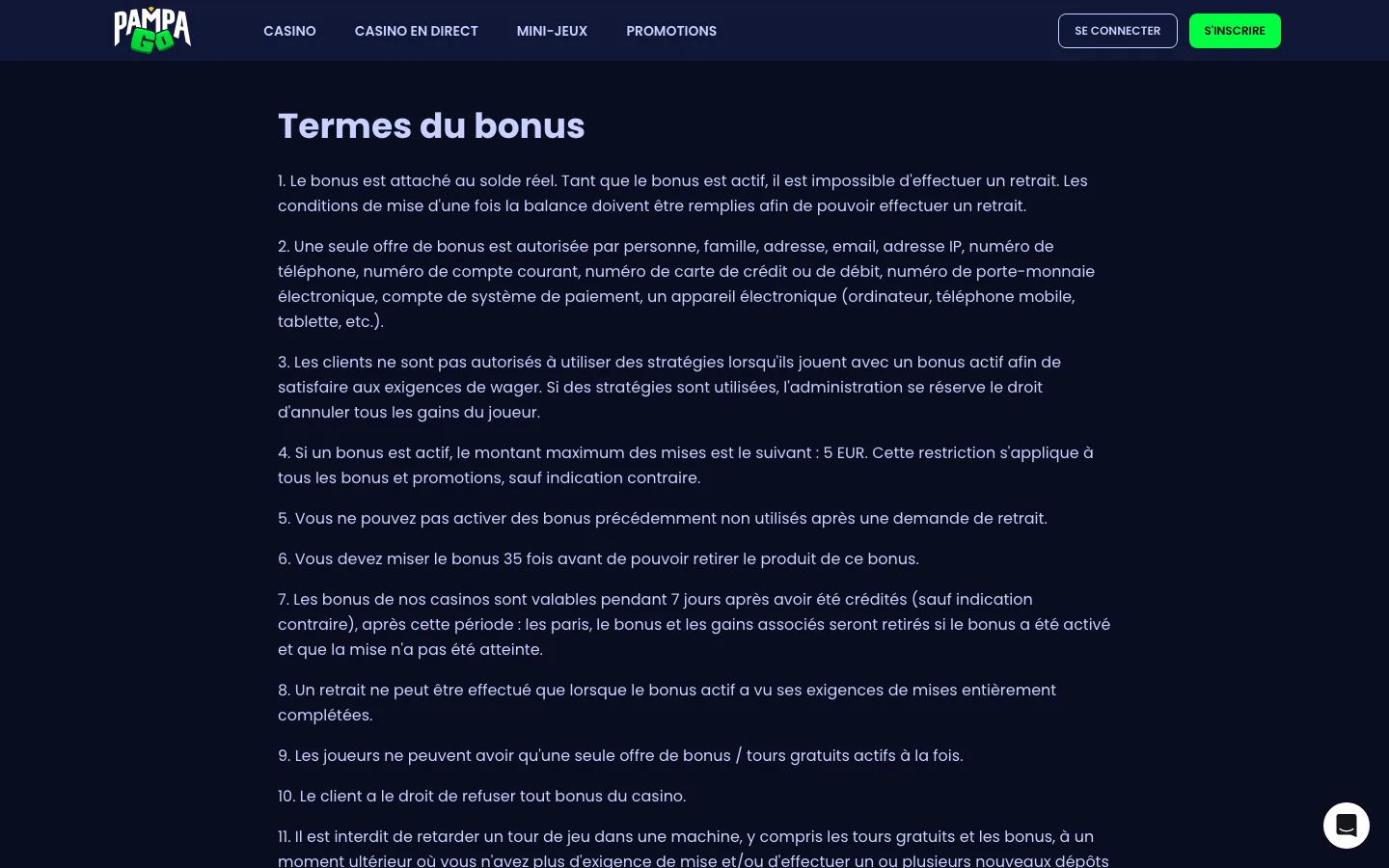 Conditions des bonus