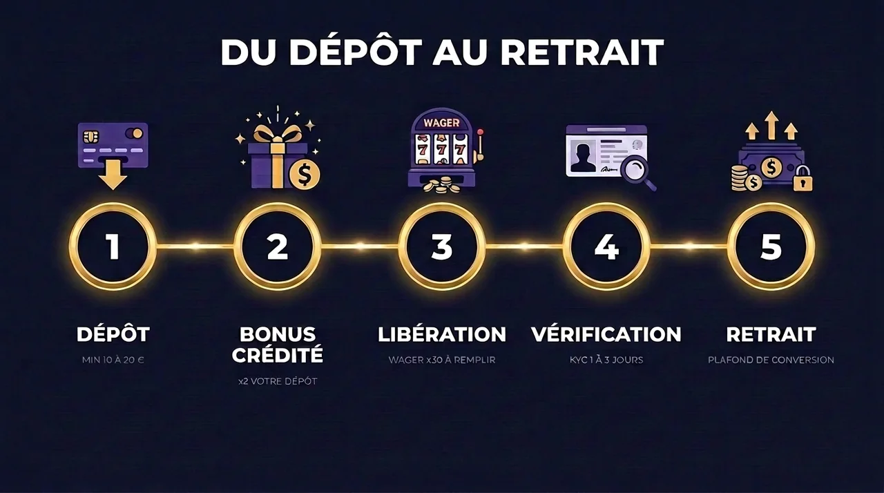 Du dépôt au retrait d'un bonus 200% : dépôt, bonus crédité, libération du wager x30, vérification KYC puis retrait sous plafond de conversion